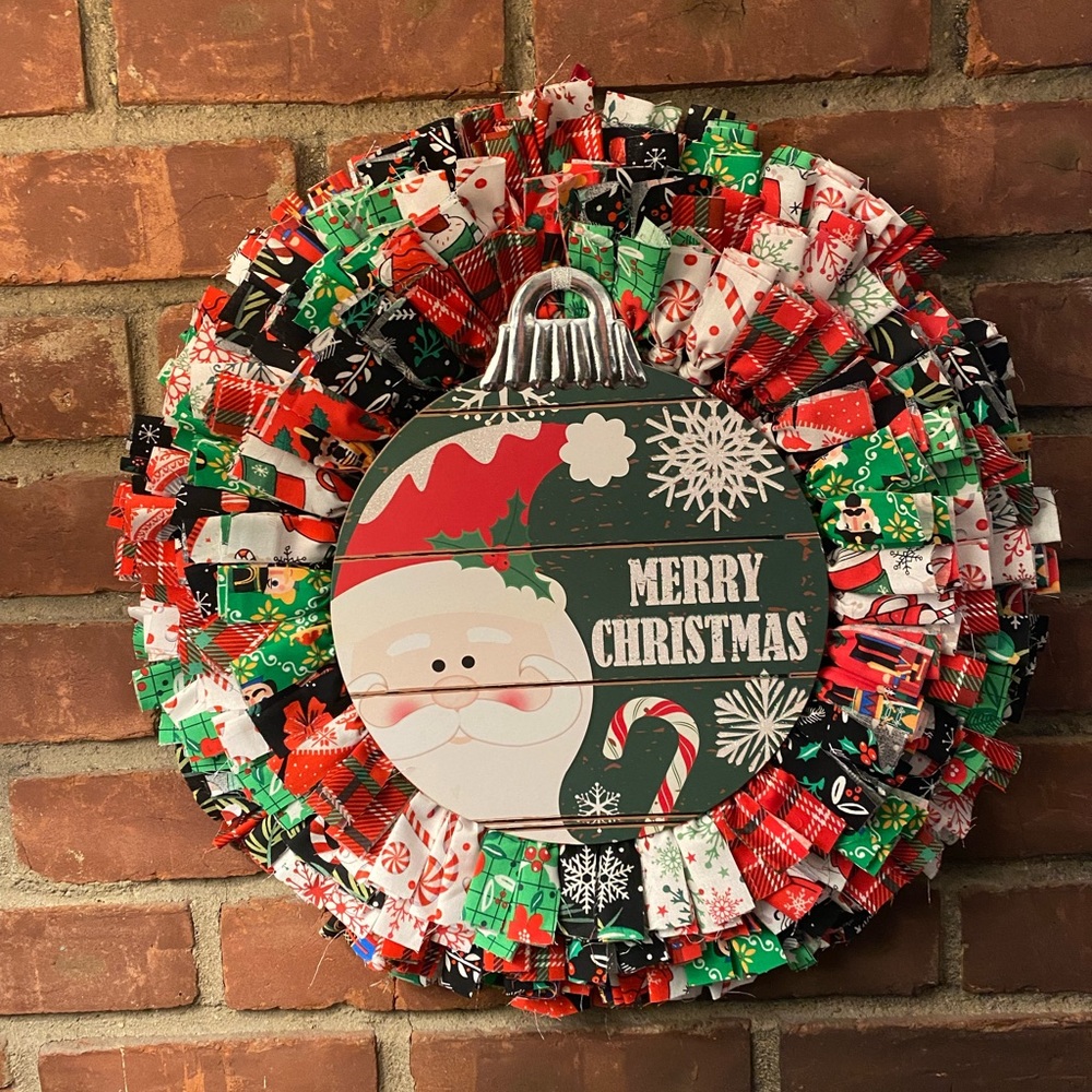 Merry Christmas Santa Ornament Rag Wreath